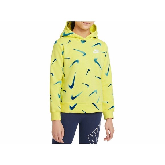 Nike Other - Nike Sweatshirt Girl's Swoosh Sportswear 3D Print Hooded Yellow Blue DC3429-712